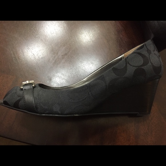 Black Coach peep toe wedges with silver hardware - Picture 3 of 4